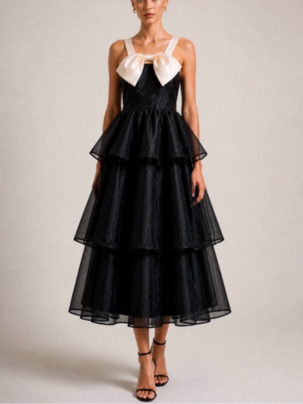 Lulus Black Cream Organza Tiered Midi Dress Satin Bow Formal Prom Gown Sz M NWT